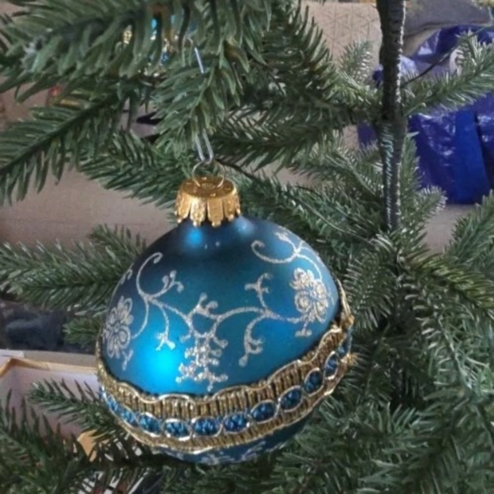 Lot Of 3 VTG Teal‎ Turquoise Gold Lace Glitter Glass Ball Christmas Ornaments